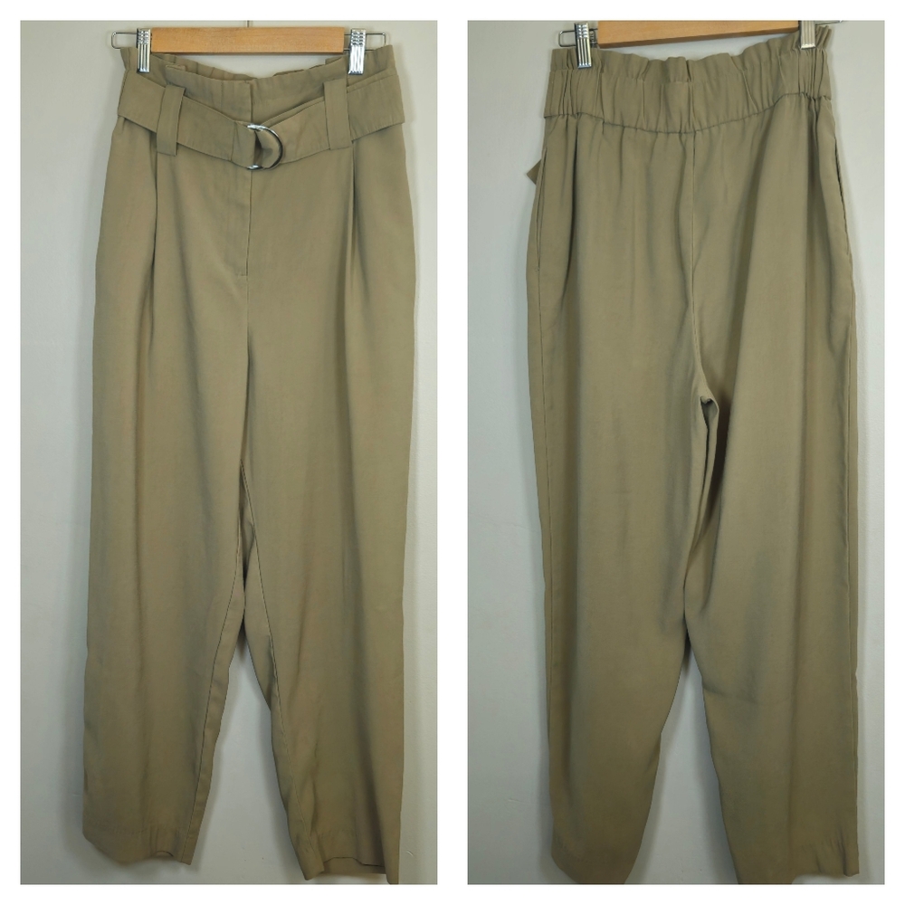 Zara Baggy High waisted Belted Olive Pant Size Small - Picture 3 of 13